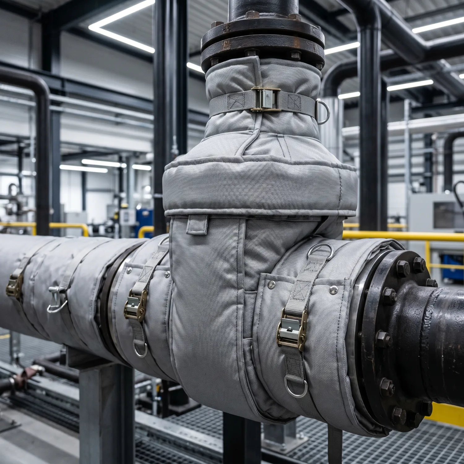 Flexibles Dämmsystem von SIM-TEX: Eine form- und passgenaue Isoliermatratze aus technischem Gewebe an einer industriellen Rohrleitung, gesichert mit robusten Gurten und Schnallen.