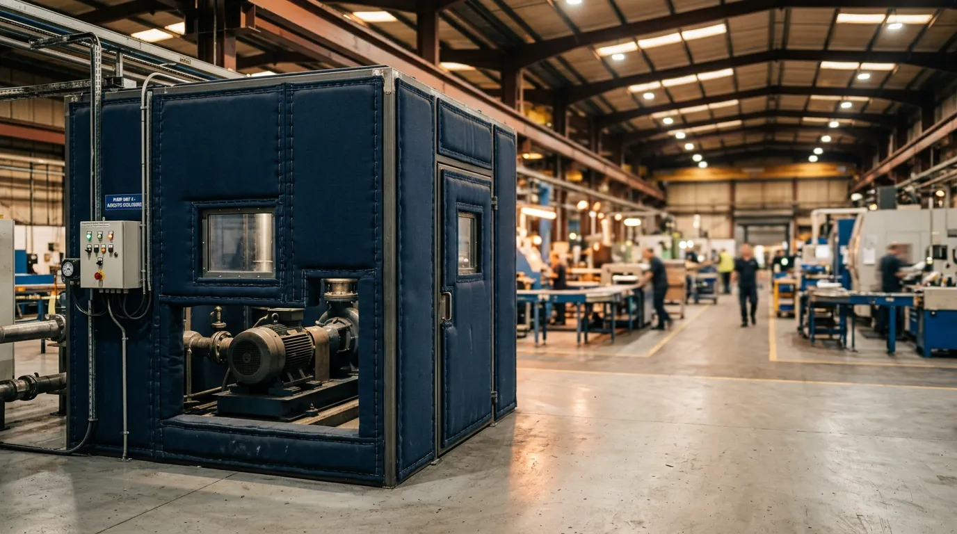 Lärmintensive Industriepumpe in einer Werkhalle, die von einer massiven, dunkelblauen und gepolsterten Schallschutzkabine zur effektiven Lärmminderung umschlossen ist.