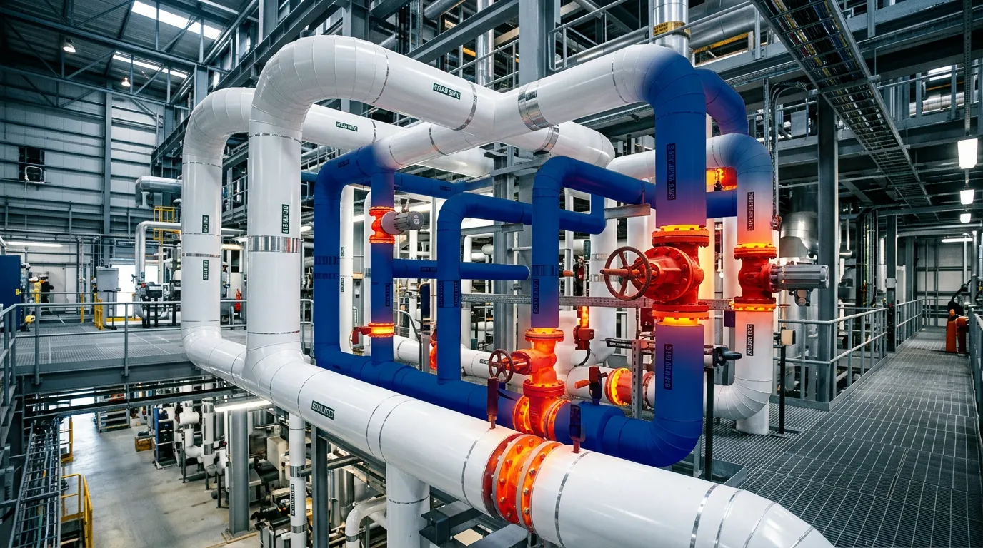 Rohrleitungssystem mit professioneller industrieller Wärmedämmung, visualisiert durch rot leuchtende heiße Ventile und isolierte blaue Rohre zur Darstellung der Energieeffizienz.