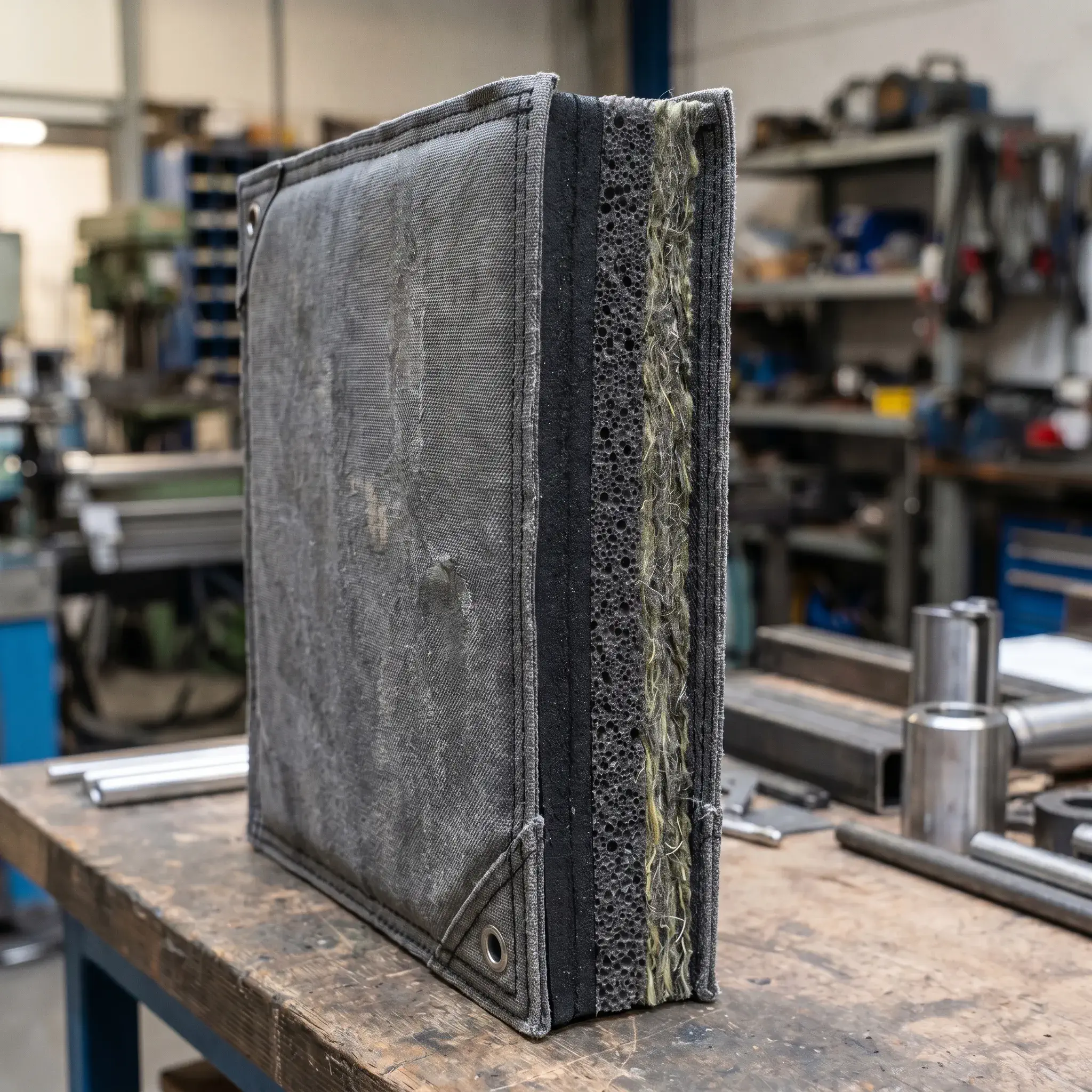 Nahaufnahme des Querschnitts einer industriellen Schallschutzmatratze von SIM-TEX, die den Aufbau aus robustem technischem Außengewebe, einer schwarzen Schwerfolie und schallabsorbierendem Schaumstoff zeigt.