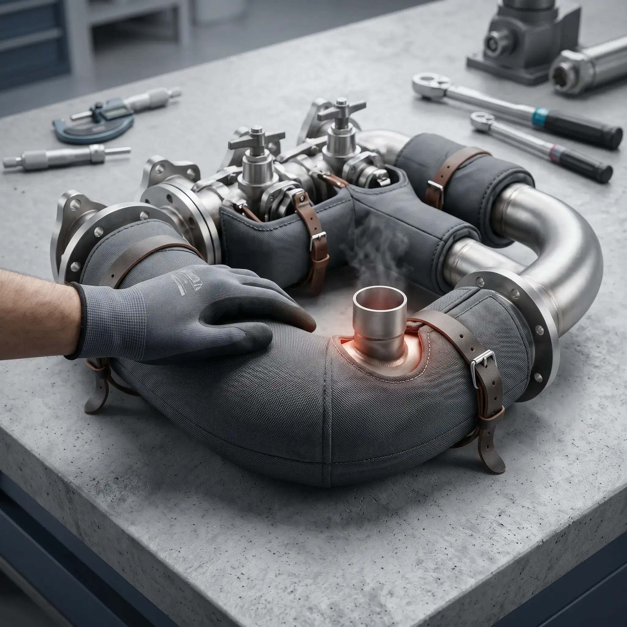 Nahaufnahme eines komplexen industriellen Ventilkrümmers. Eine technische behandschuhte Hand stützt sich sicher auf die formgenaue Wärmedämmung, während eine benachbarte unisolierte Flanschverbindung sichtbar Hitze abstrahlt und Hitzeschimmer erzeugt, um die Sicherheit und Effizienz zu verdeutlichen. Werkzeuge liegen im Hintergrund.