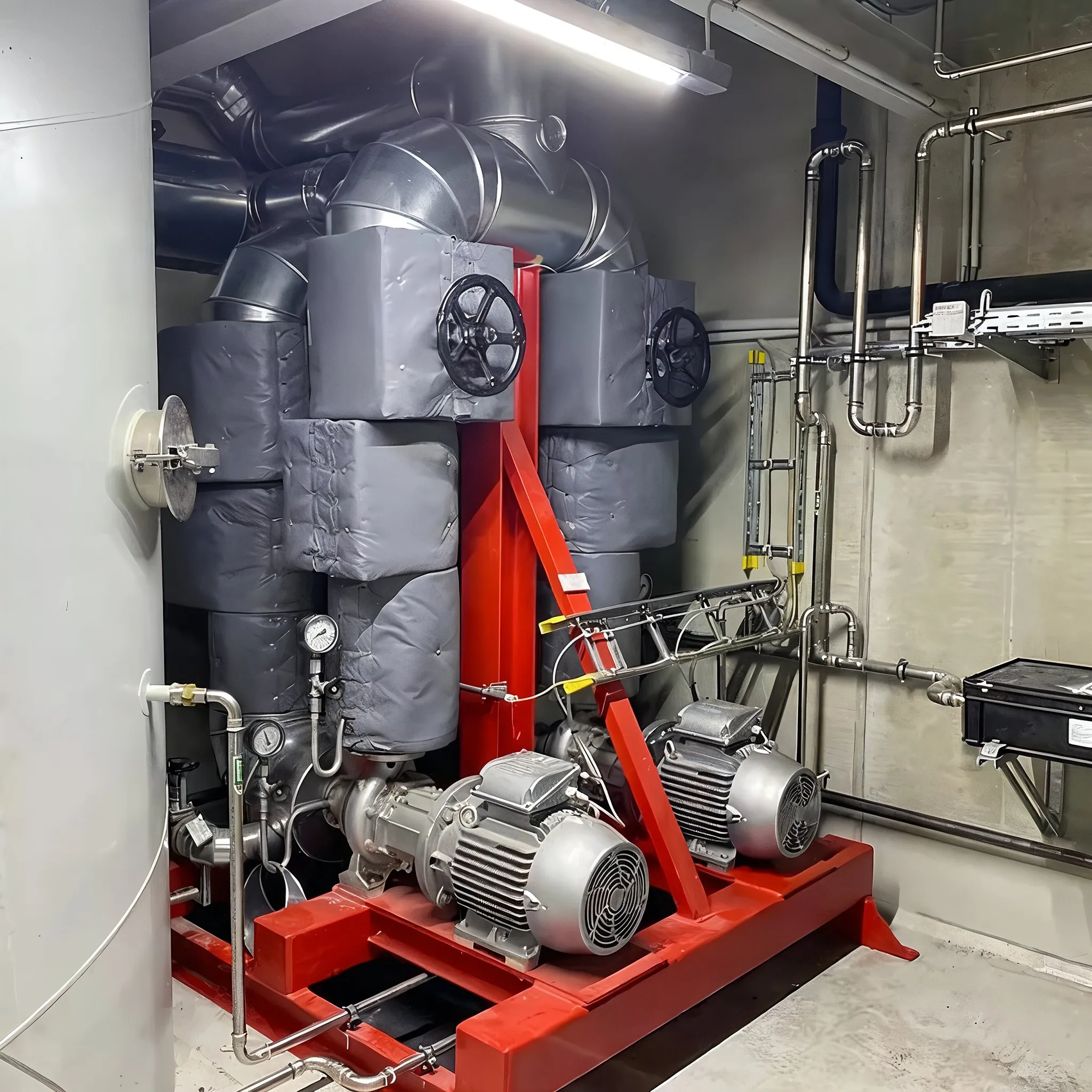 Zwei Industriepumpen auf einem roten Maschinensockel, deren darüberliegende Rohrleitungen mit maßgeschneiderten grauen Dämmmatratzen isoliert wurden.