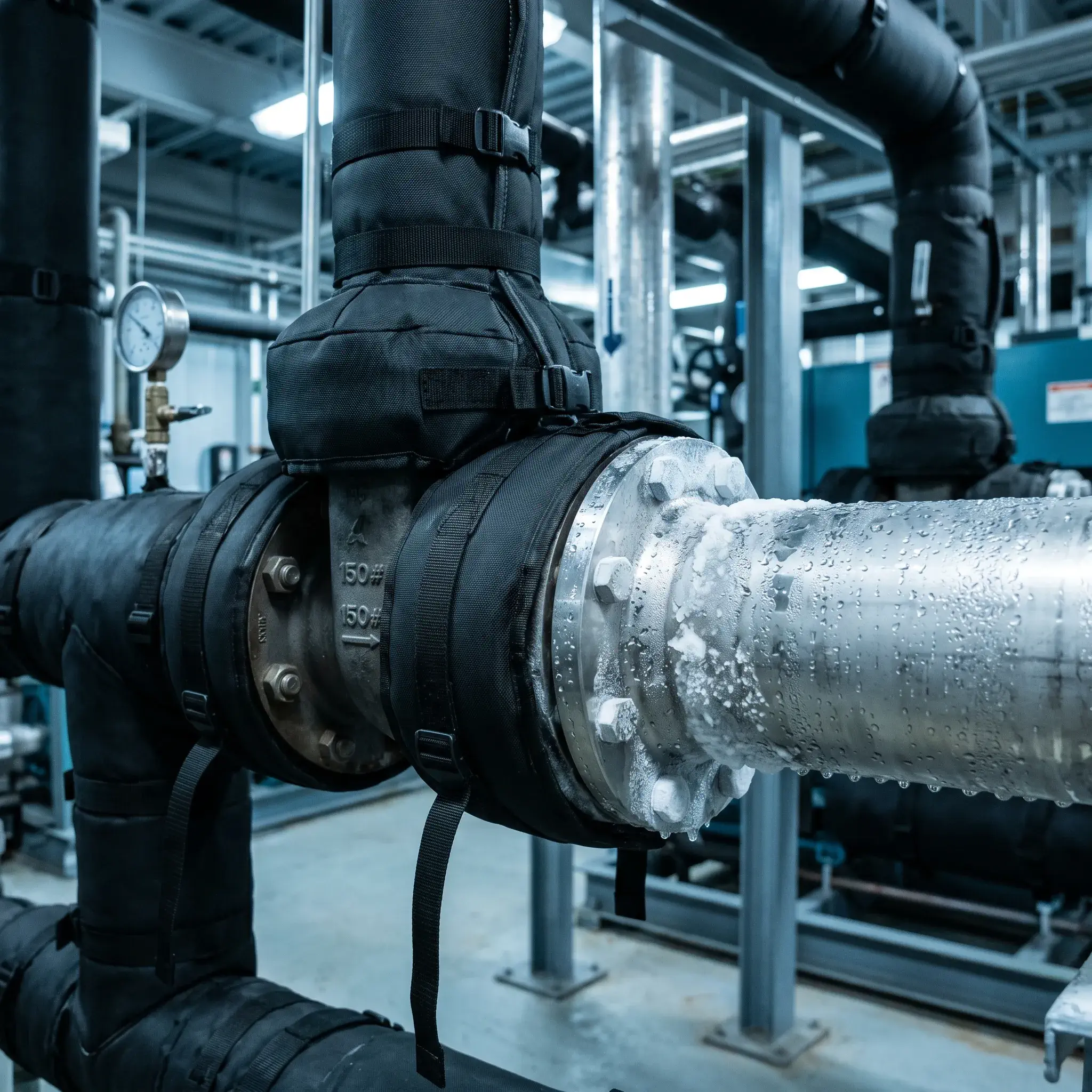 Industrielle Kälteleitung zur Demonstration von Kondensatschutz. Ein ungedämmter Abschnitt der Leitung zeigt starke Kondenswasser- und Frostbildung, während der angrenzende Bereich mit einer passgenauen schwarzen Isoliermanschette geschützt ist und an der Oberfläche vollständig trocken bleibt.