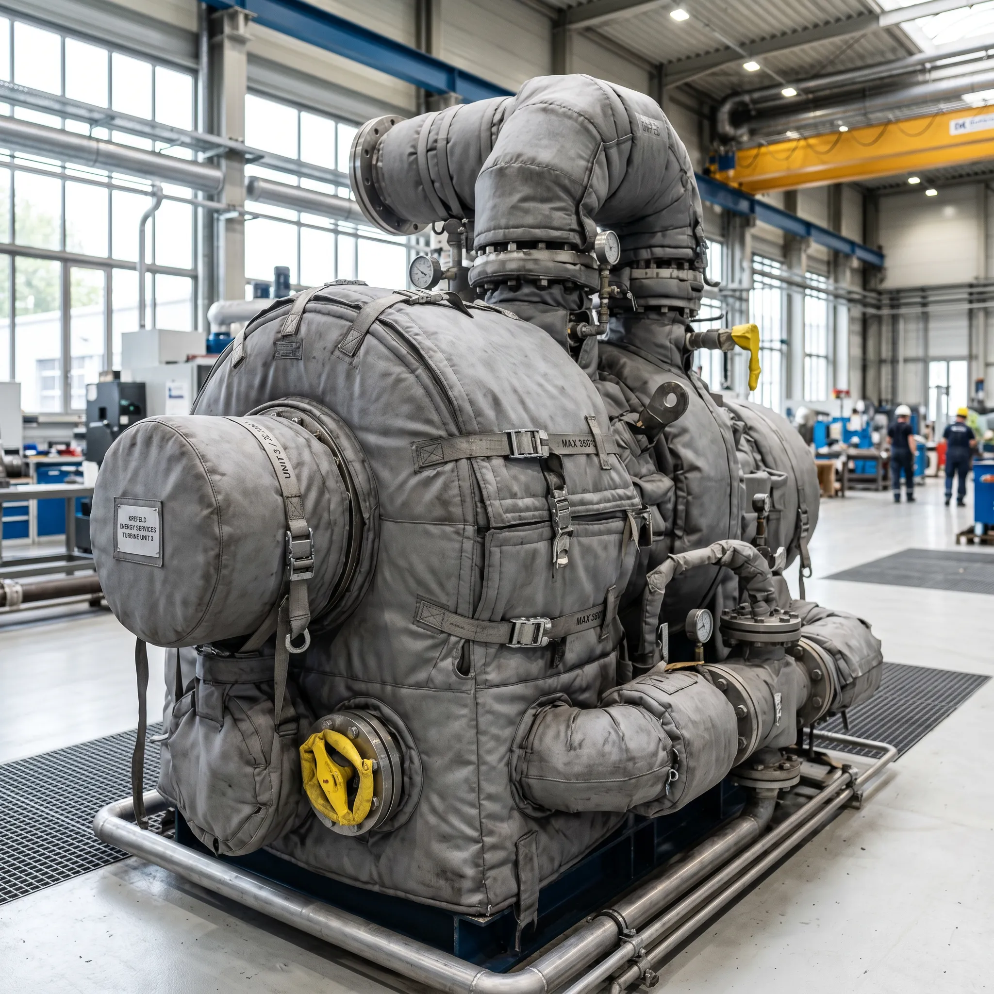 Eine komplexe industrielle Anlage, die passgenau mit maßgeschneiderten, grauen Dämmmatratzen und Dämmkissen aus technischen Geweben isoliert ist, in einer modernen Werkhalle.