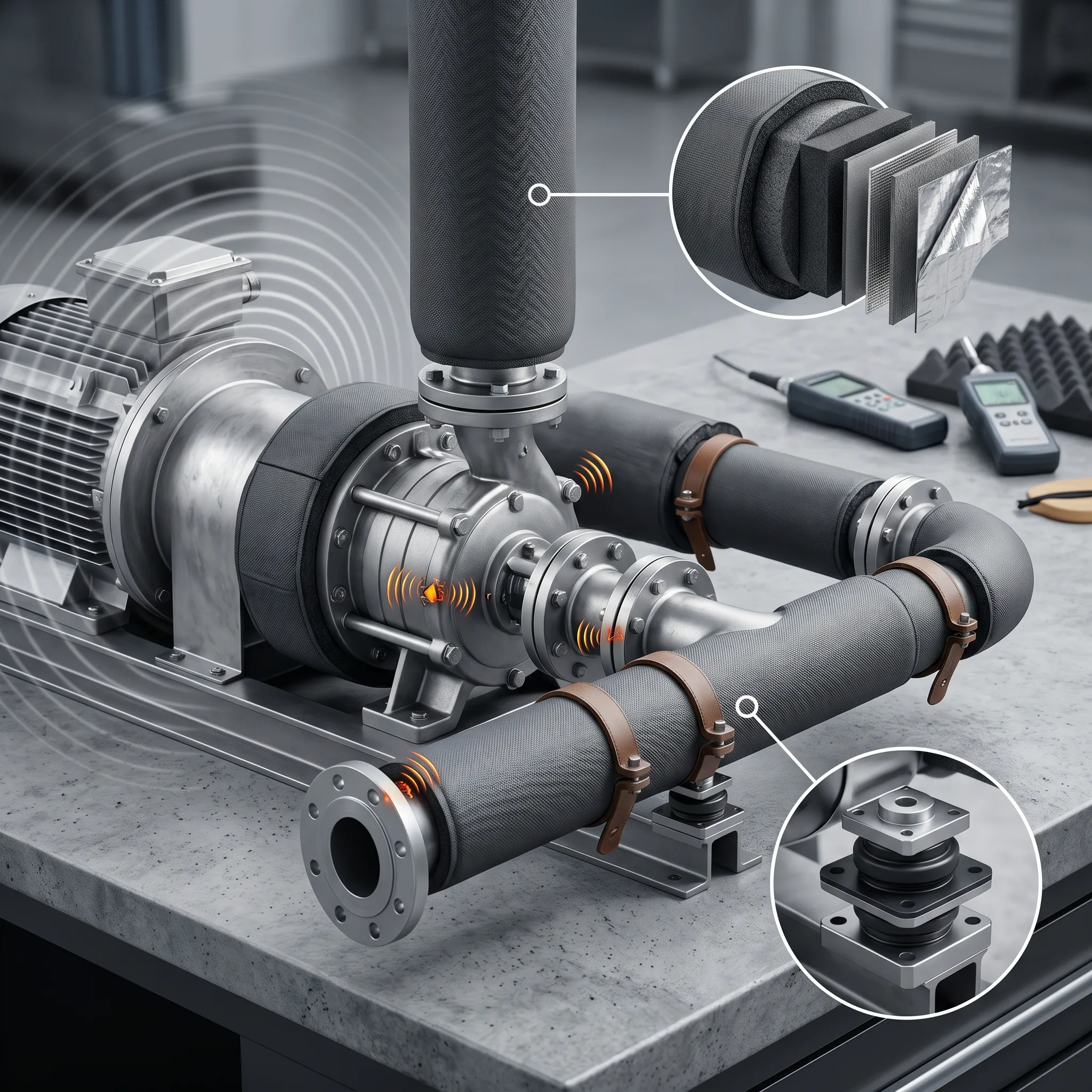 Detaillierte Darstellung einer industriellen Pumpenanlage mit maßgeschneiderter Schallschutzdämmung. Das Bild zeigt den mehrschichtigen Dämmaufbau sowie vibrationsisolierende Halterungen zur gezielten Reduzierung von Luftschall und Körperschall.