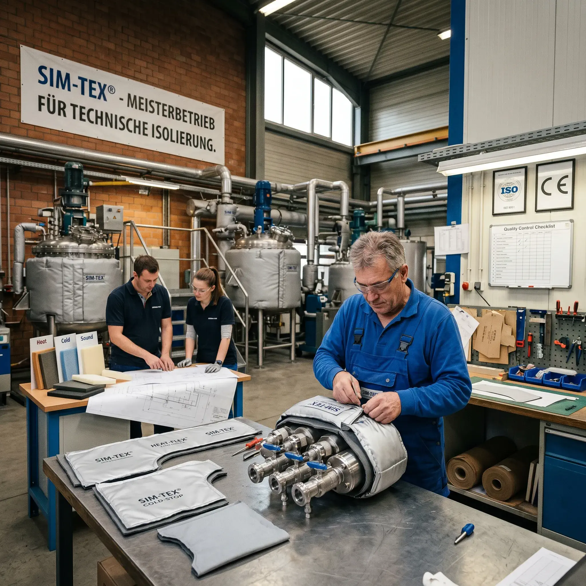 Ein erfahrener Handwerksmeister bei SIM-TEX® fertigt in einer modernen, gut ausgestatteten Werkstatt sorgfältig eine maßgeschneiderte flexible Isoliermatratze für eine Industriearmatur an, was die Expertise im Bereich der Wärme-, Kälte- und Schallschutzdämmung unterstreicht.