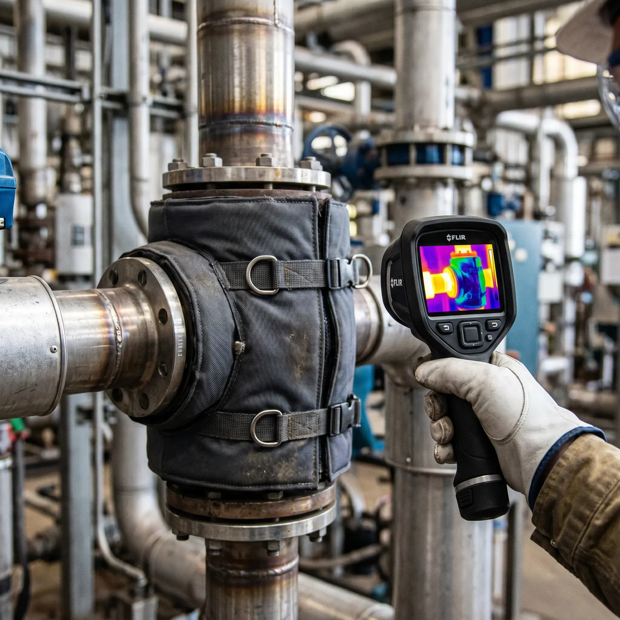 Industrielle Rohrleitung mit maßgeschneiderter Wärmedämmung. Eine Messung mit einer Wärmebildkamera zeigt deutlich den Temperaturunterschied: Die unisolierte Stelle strahlt große Hitze ab, während die Oberfläche der Isoliermanschette kühl bleibt.